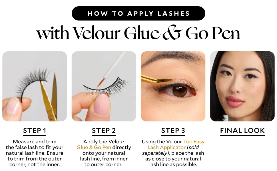 Velour Glue & Go Pen Clear Lash Adhesive - Precision Tip Lash Glue Liner Pen - Beginner Friendly Lash Adhesive Pen for False Eyelashes - Gentle & Dermatologist Tested - Eyelash Glue Pen Dries Clear - how to apply false lash glue