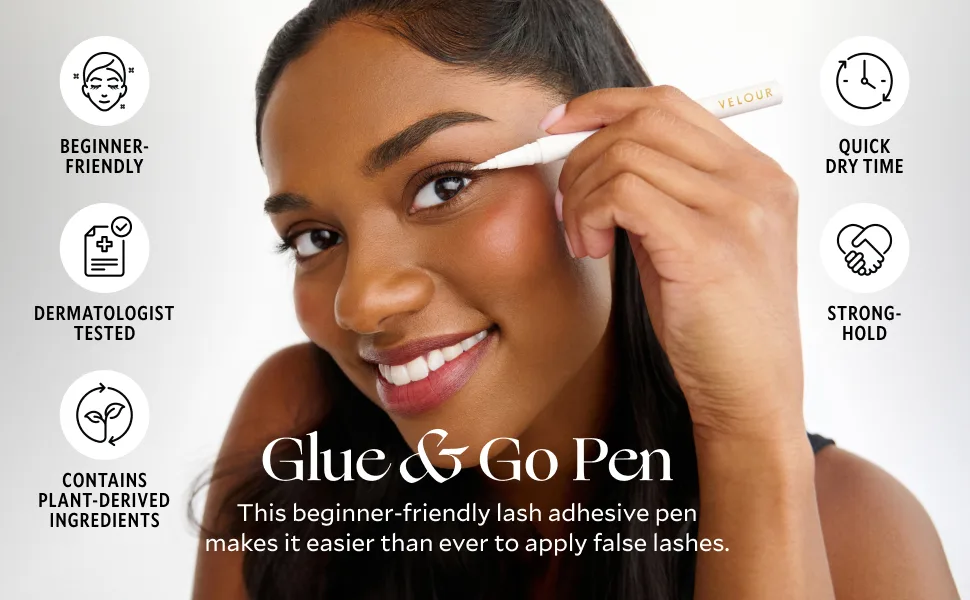 Velour Glue & Go Pen Clear Lash Adhesive - Precision Tip Lash Glue Liner Pen - Beginner Friendly Lash Adhesive Pen for False Eyelashes - Gentle & Dermatologist Tested - Eyelash Glue Pen Dries Clear - velour lash adhesive