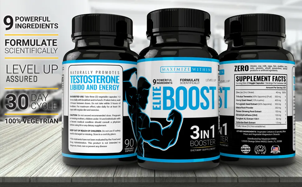 Maximize Within Elite Boost 3in1 Formula Naturally Promotes Testosterone Libido Energy Muscle Mass & Stamina Powerful Ingredients Veggie Capsules - Elite Boost 3in1 Formula