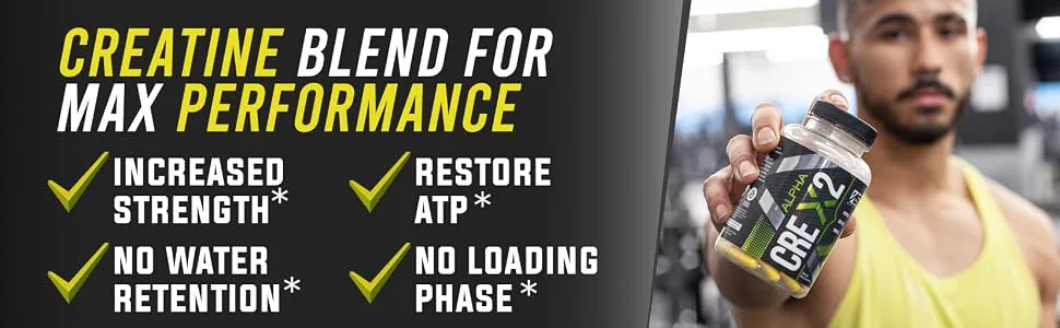 Alpha CRE X2 | 1500mg each Creatine MagnaPower & Creatine Ethyl Ester | Advanced Creatine Formula | 150 Capsules - Alpha Supps Cre X2 info banner