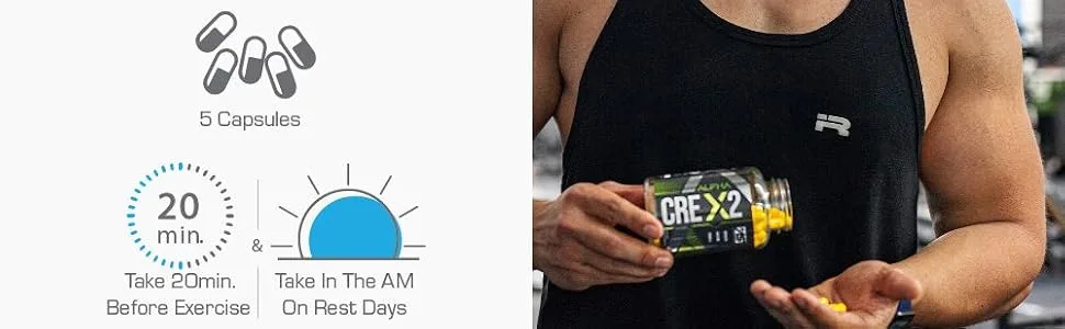 Alpha CRE X2 | 1500mg each Creatine MagnaPower & Creatine Ethyl Ester | Advanced Creatine Formula | 150 Capsules - Alpha Supps Cre X2 recommended use banner