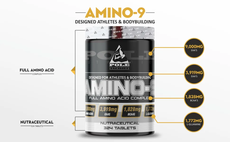 Amino 9 | Full Amino Acid Complex for Athletes & Bodybuilders | Nutraceutical Supplement for Enhanced Performance | 324 Tablets 54 Servings - Pole Nutrition Amino Tab