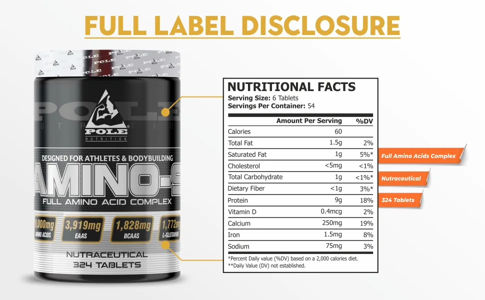 Amino 9 | Full Amino Acid Complex for Athletes & Bodybuilders | Nutraceutical Supplement for Enhanced Performance | 324 Tablets 54 Servings - Pole Nutrition Amino Tab