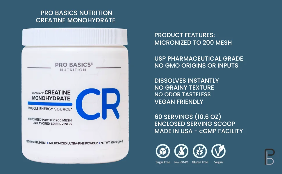 Micronized Creatine Monohydrate Powder 10.6oz. Unflavored. Pure Non Grainy Dissolve Easily No Additives Vegan & Keto. 60 Servings 5000mg 5g per Scoop. Take Pre or Post Workout - Pro Basics Nutrition Micronized Creatine Monohydrate