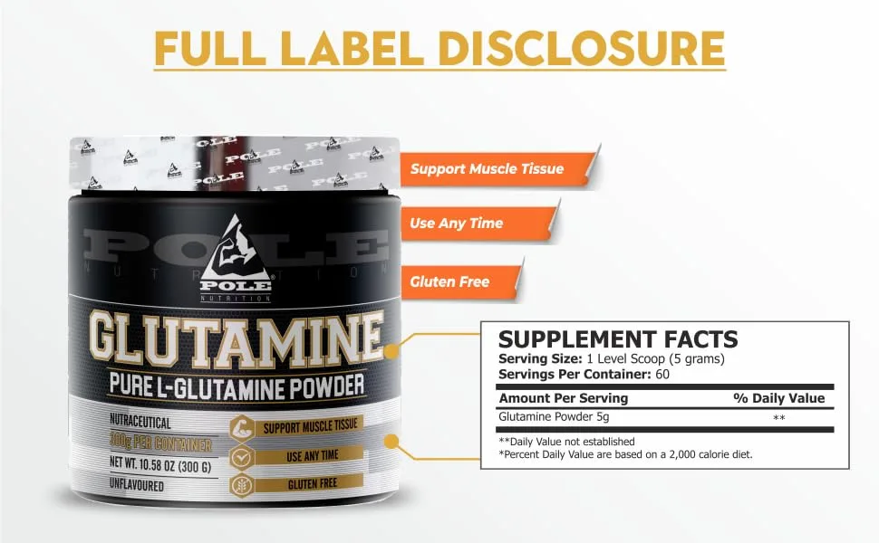 Glutamine Powder | Muscle Recovery Immune Support and Digestive Health | 300 Gram 60 Serving - Pole Glutamine