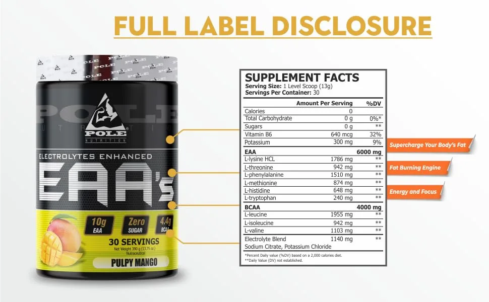 EAA Electrolytes Enhanced | Zero Sugar Flavoured | 390 Gram 30 Servings (Natural Lime) - Pole Nutrition EAA