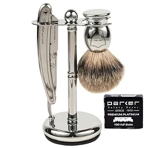 Parker SR1 Men s Shave Set Pure Badger Brush Shave Stand Razor & 100 Blades - Parker