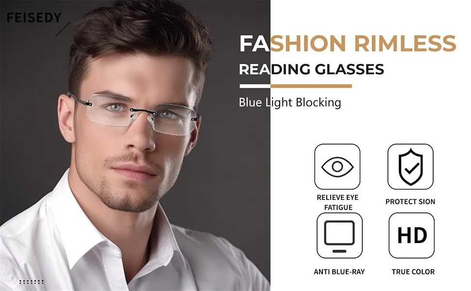FEISEDY Fashion Rimless Reading Glasses Blue Light Blocking Metal Anti Glare Digital Eyestrain Reader B2983 Golden 1.5 x - Reading Glasses