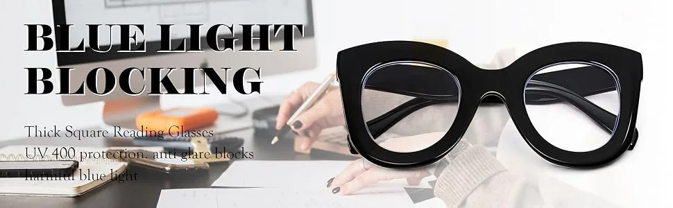 FEISEDY Retro Oversized Blue Light Blocking Reading Glasses Thick Frame Anti Glare Digital Eyestrain Readers B2980 Black Frame 2.0 x - Blue Light Blocking Reading Glasses