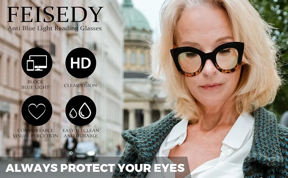 FEISEDY Retro Oversized Blue Light Blocking Reading Glasses Thick Frame Anti Glare Digital Eyestrain Readers B2980 Black Frame 2.0 x - reader glasses