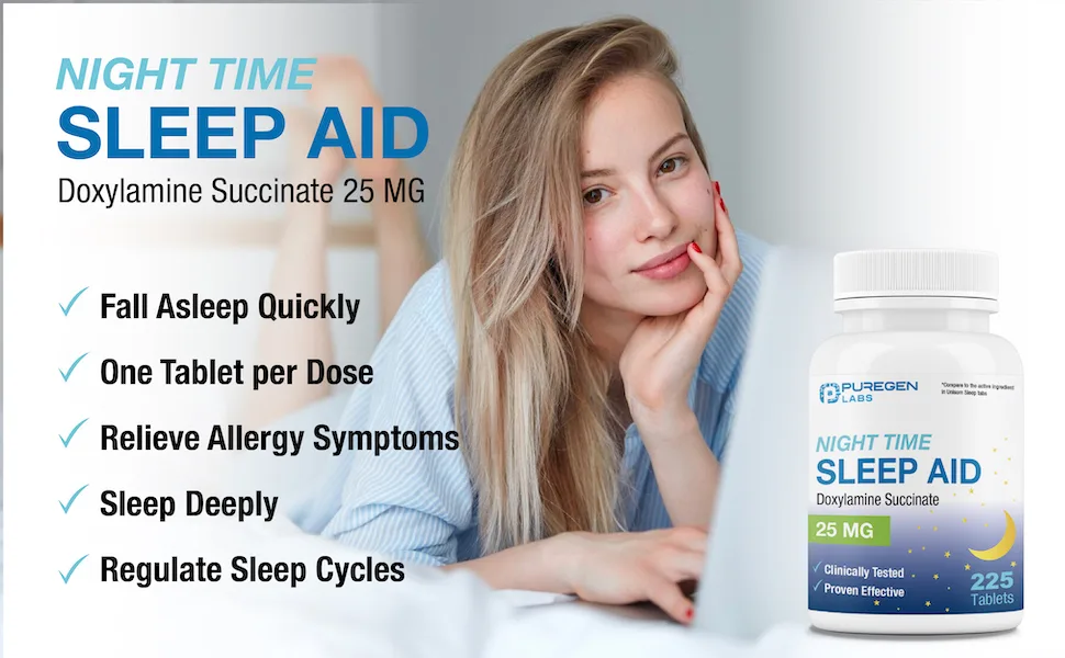 Puregen Labs Doxylamine Succinate 25mg | Nighttime Sleep Aid | Safe & Effective | Non-Habit Forming Sleep Aid | Made in USA | 225 Tablets - Sleep aid 25 mg Sleep Aid 25mg Doxylamine
