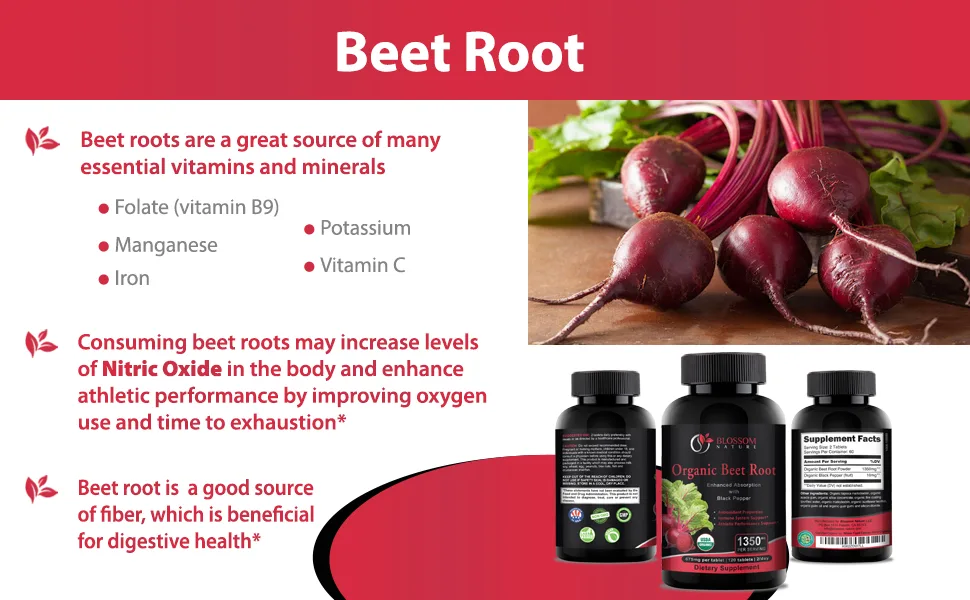Organic Beet Root Powder 1350mg with Black Pepper-Nitric Oxide Booster Digestive System Athletic Performance-120 Tablets 675mg of Organic Beet Powder per Tablet - Beet Root