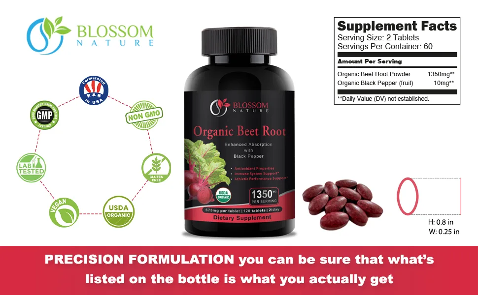 Organic Beet Root Powder 1350mg with Black Pepper-Nitric Oxide Booster Digestive System Athletic Performance-120 Tablets 675mg of Organic Beet Powder per Tablet - Bottle