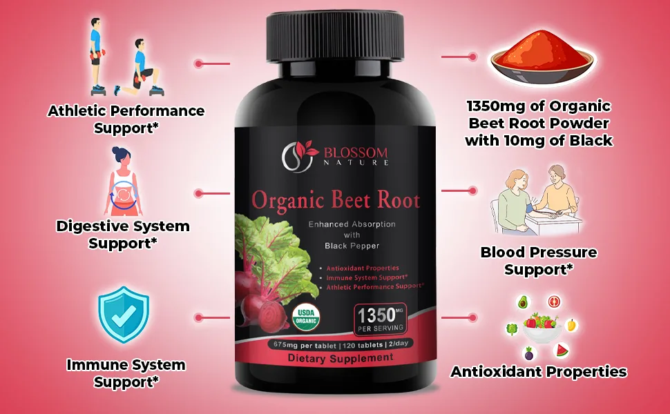Organic Beet Root Powder 1350mg with Black Pepper-Nitric Oxide Booster Digestive System Athletic Performance-120 Tablets 675mg of Organic Beet Powder per Tablet - Cliparts
