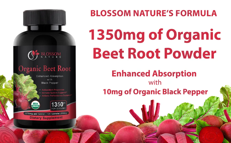 Organic Beet Root Powder 1350mg with Black Pepper-Nitric Oxide Booster Digestive System Athletic Performance-120 Tablets 675mg of Organic Beet Powder per Tablet - Formula