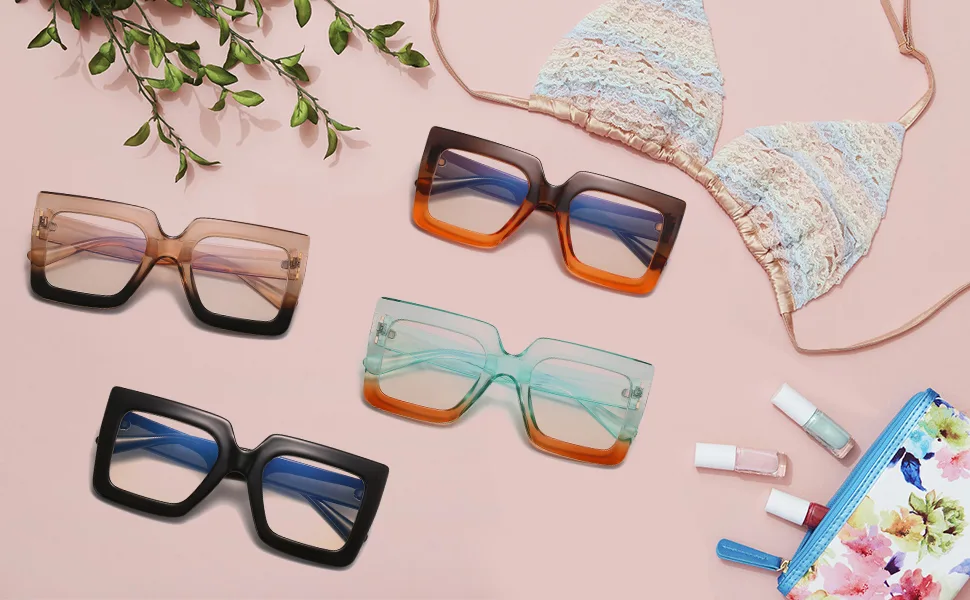 ALWAYSUV Oversized Square Blue Light Glasses for Women Stylish Big Frame Glasses Clear Lens Computer Eyewear Champagne Black - product information 3