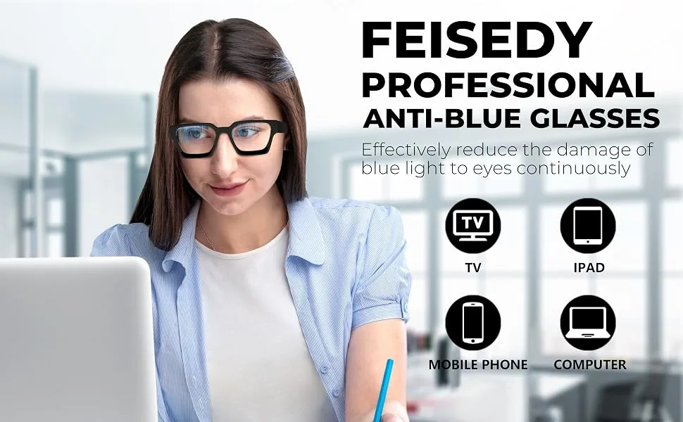 FEISEDY Blue Light Blocking Glasses Thick Computer Eyewear Retro 90s Square Frame B2383 Blue Frame 53 Millimeters - Blue Light Blocking Glasses