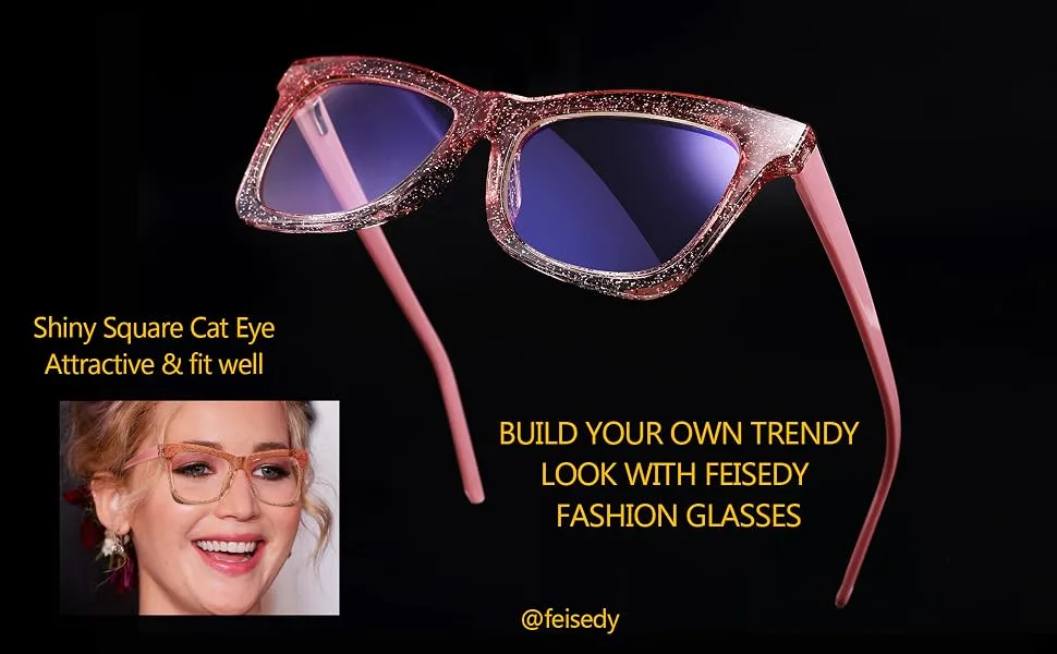 FEISEDY Square Cat Eye Anti Blue Light Blocking Glasses Women Shiny Oversized Frame Computer Eyeglasses Spring Hinge B2688 C5 Clear Pink Shiny Frame 53 Millimeters - 26880001