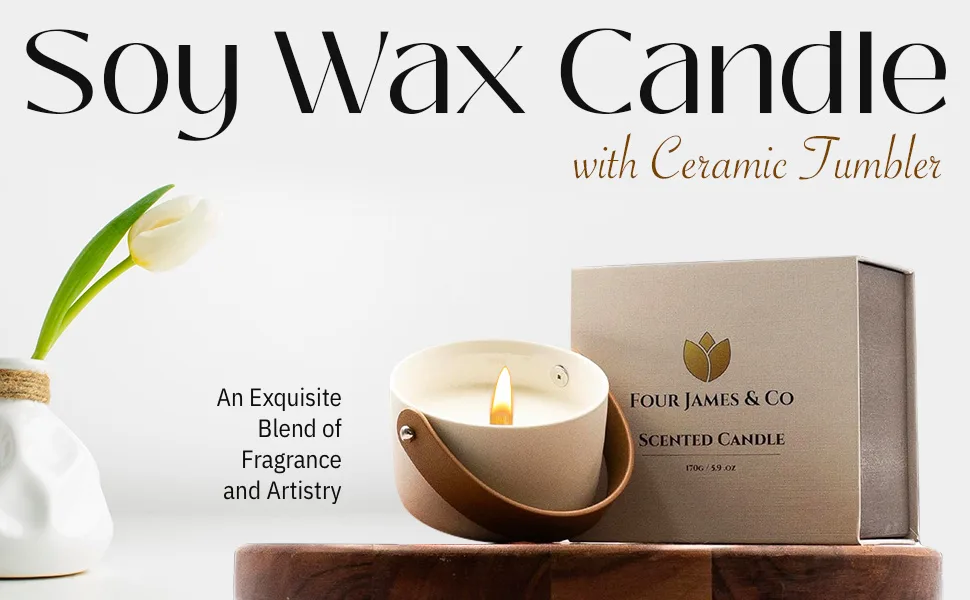 Four James & CO Luxurious Eco-Friendly Soy Wax 6oz Candle with Exquisite Ceramic Artistry (Sea Salt & Sage) SeaSalt & Sage - Four James & CO Luxurious