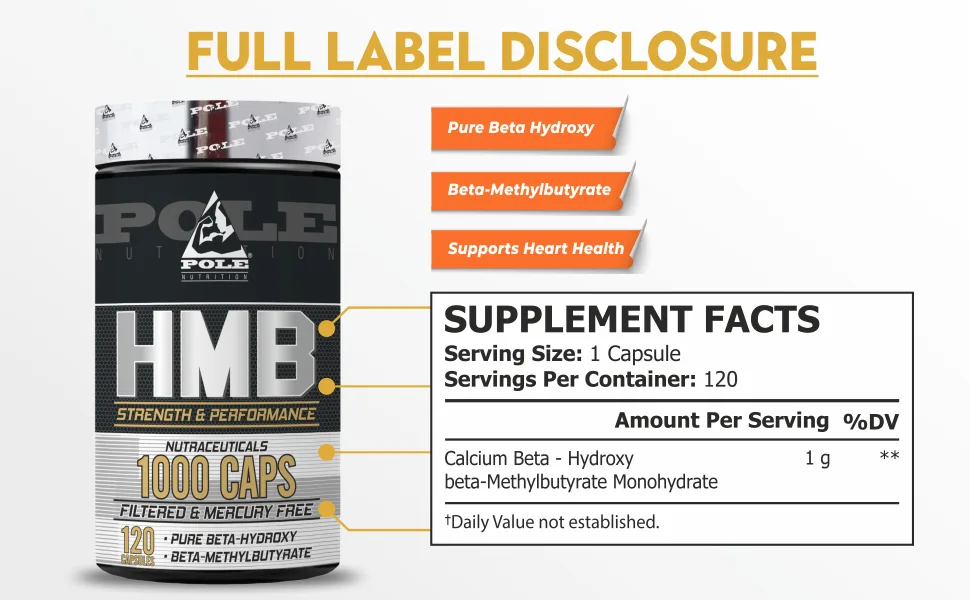 HMB Strength and Performance | Pure Beta-Hydroxy for Heart Health Support Essential for Strength and Performance | 120 Capsules 120 Servings - Pole Niutrition HMB