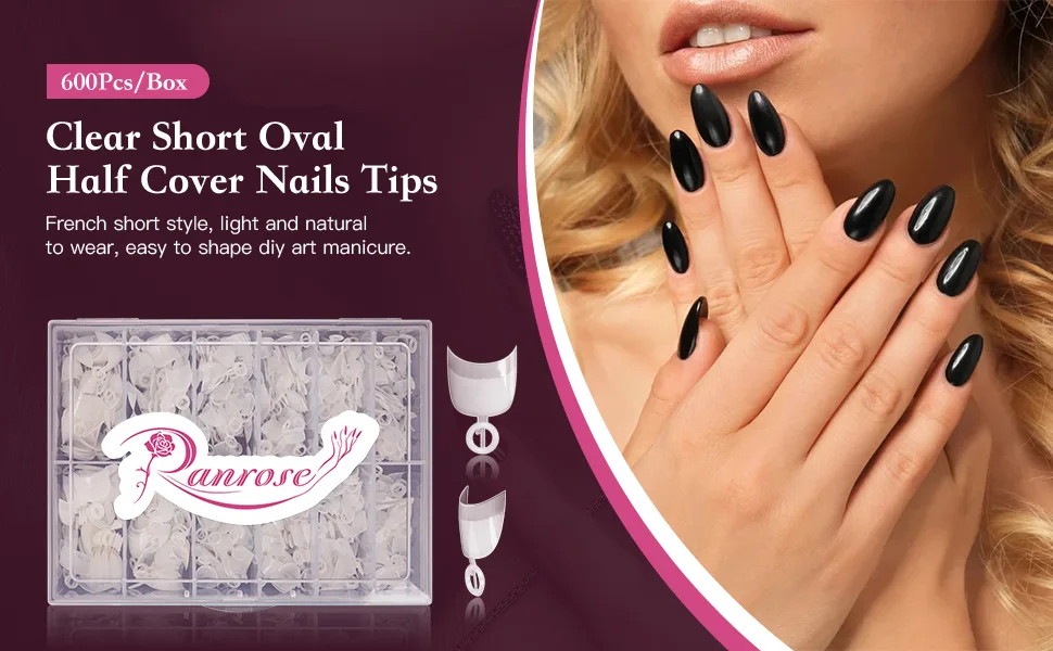 Ranrose Short Nail Tips- 600PCS Short Oval Half Cover False Nail Tips 12 Sizes Round False Acrylic Nails Short Tips With Box 600PCS Short Oval Natural - short oval nail tips