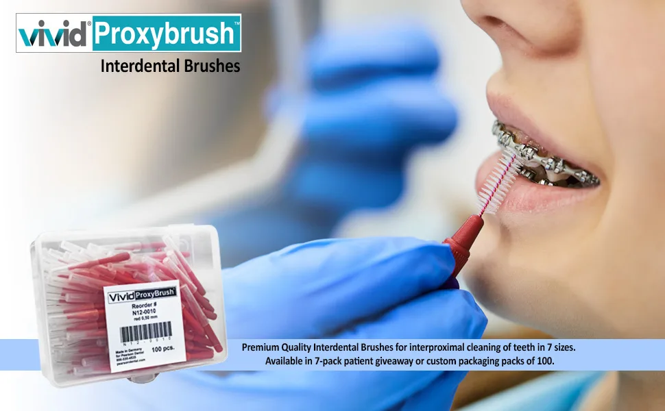 Premium Quality Interdental Brushes for Interproximal Cleaning Professional Interdental Cleaners Tight Teeth Pkg of 100 ProxyBrush by Vivid (X-Small 0.5mm Red) - interdental brush