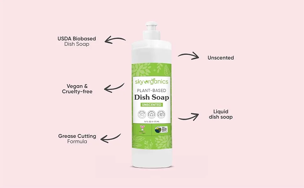 Sky Organics Plant-Based Unscented Dish Soap USDA Bio-Based Non-Toxic Biodegradable Formula for Household Cleaning 16 fl. Oz - dishsoap unscented natural ingredients