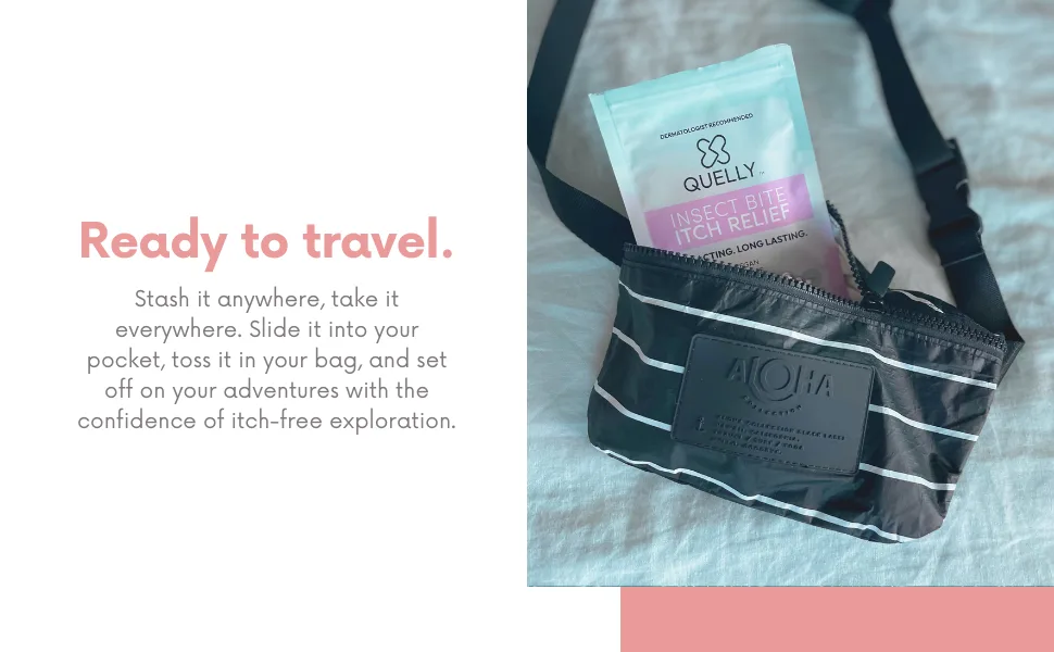Quelly ItchGuard (Botanical) - Mosquito Bug Bite Itch Relief Patch Kid-Friendly 30 Patches - Quelly in a sling bag.