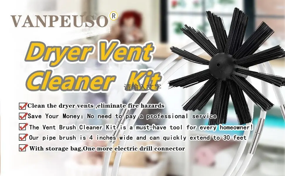 30-Feet Dryer Vent Cleaner Kit with Drill Attachment and A Collection Bag - VANPEUSO DRYER VENT CLEANER KIT