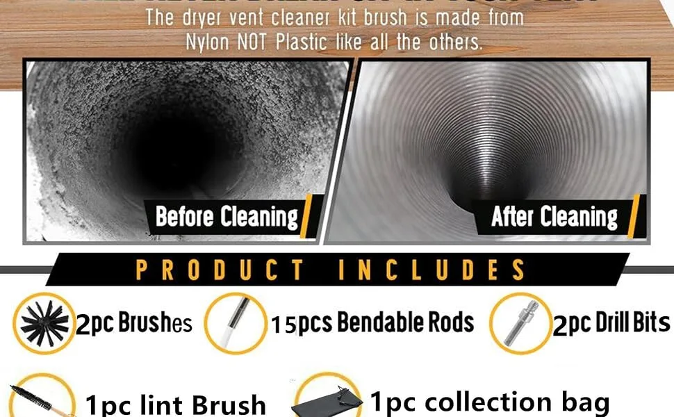 20-Feet Dryer Vent Cleaner Kit with Drill Attachment and A Collection Bag - Before Cleaning After Cleaning