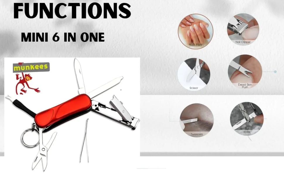 Ace Camp Munkees 6-Function Manicure Keychain Multi-Tool Nail File Fingernail Clippers Scissors Knife Tweezers Cuticle Pusher Trimmer Remover Mini Portable Pocket Key Ring Gift - mini tool