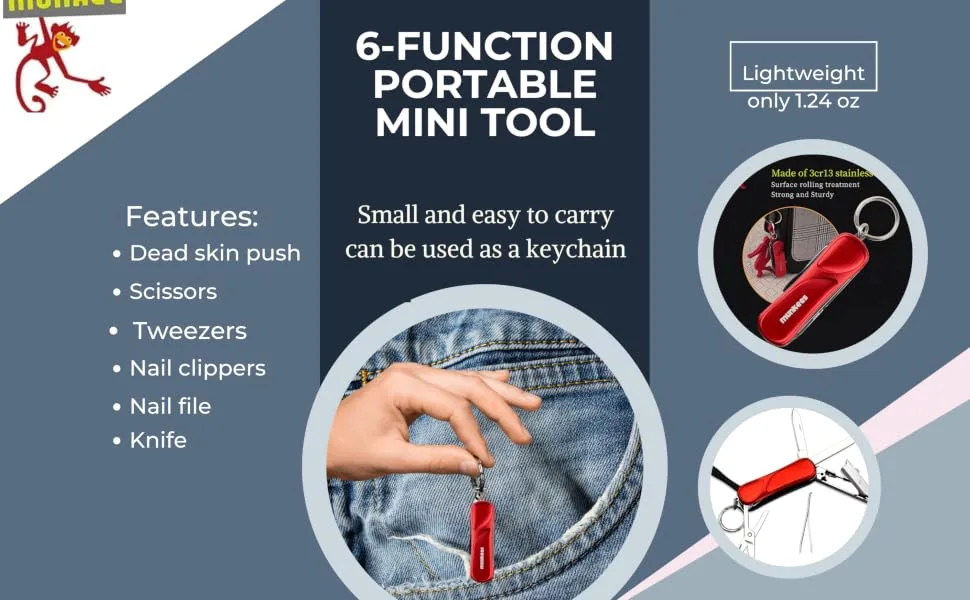 Ace Camp Munkees 6-Function Manicure Keychain Multi-Tool Nail File Fingernail Clippers Scissors Knife Tweezers Cuticle Pusher Trimmer Remover Mini Portable Pocket Key Ring Gift - Nail clippers mini tool