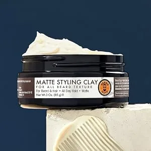 Beard Guyz Matte Styling Clay - Matte Styling Clay jar with a flourish of clay overflowing the top rim.