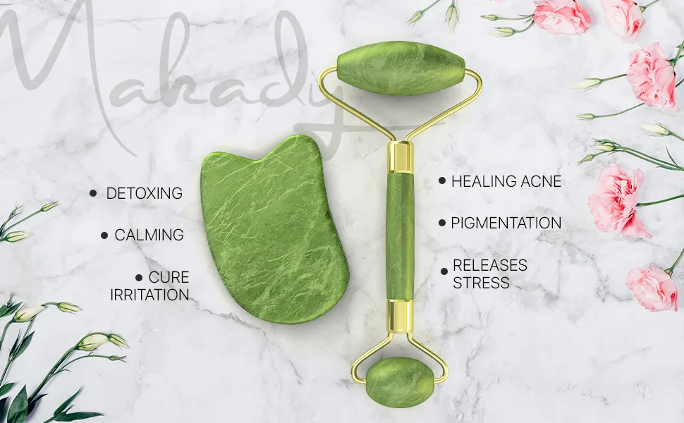 Natural Jade Roller Gua Sha Lymphatic Drainage Tool for Face Neck Body - Anti Aging Treatment Reduces Wrinkles and Fine Lines - jade roller gua sha tool facial for face neck shoulders anti aging skincare yu ling herbivore eye