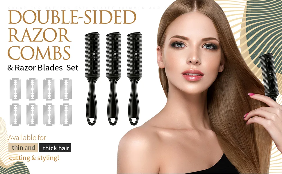 3 Pieces Razor Comb with 10 Pieces Thinning Scissors Double Edge Hair Cutting Tool (Black) - product information 2