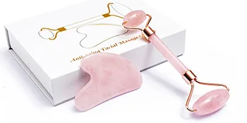 Jade Roller Gua Sha Set Natural Rose Quartz Jade Roller for Face Beauty Facial Roller Massager Tools Face Skin Care Tools-Pink - roller set