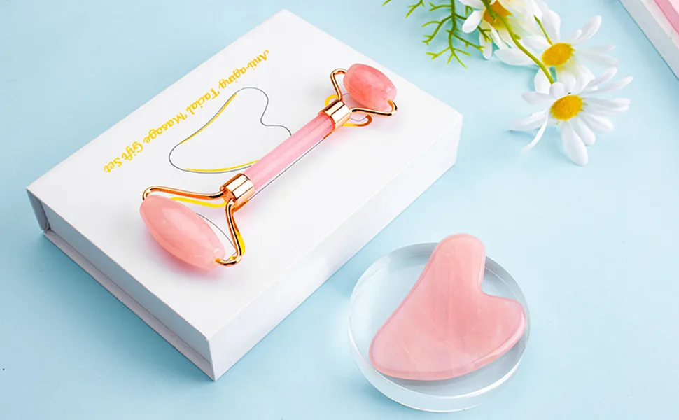 Jade Roller Gua Sha Set Natural Rose Quartz Jade Roller for Face Beauty Facial Roller Massager Tools Face Skin Care Tools-Pink - roller set