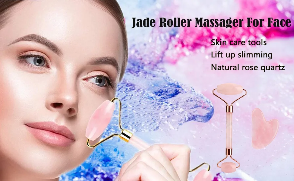 Jade Roller Gua Sha Set Natural Rose Quartz Jade Roller for Face Beauty Facial Roller Massager Tools Face Skin Care Tools-Pink - rose quartz roller set