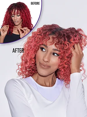 Color Oops Fading Wash Kit with Activated Charcoal - Bleach Wash Shampoo - Before and after image with model showing product use on red hair color. 2 levels removed.