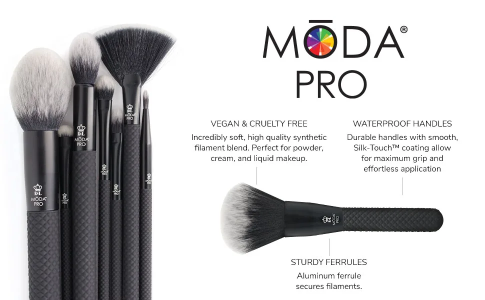 MODA Pro Total Face Travel Size Makeup Brush Set with Pouch Includes - Powder Foundation Angle Shader Smoky Eye Brow Liner and Pointed Lip Brushes Black - MODA Pro - Professional Makeup Brushes