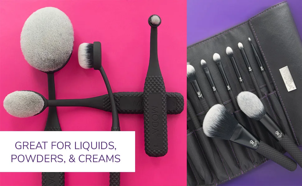 MODA Pro Total Face Travel Size Makeup Brush Set with Pouch Includes - Powder Foundation Angle Shader Smoky Eye Brow Liner and Pointed Lip Brushes Black - MODA Pro - Professional Makeup Brushes