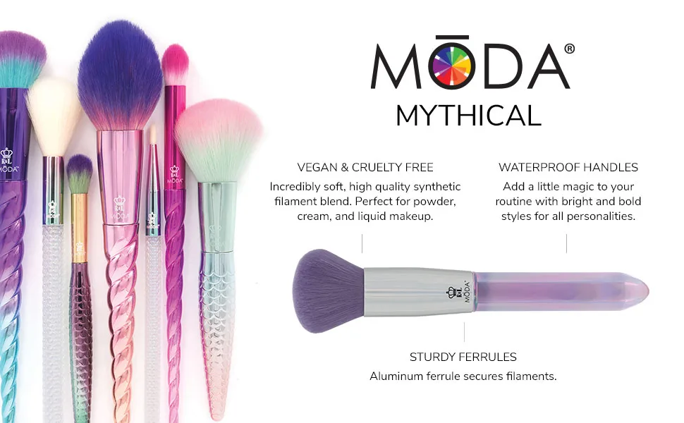 MODA Travel Size Mythical Sweet Siren 6pc Makeup Brush Set with Pouch Includes - Powder Complexion Highlight and Glow Cease and Eye Shader Brushes Multi-Color - MODA Mythical Makeup Brushes
