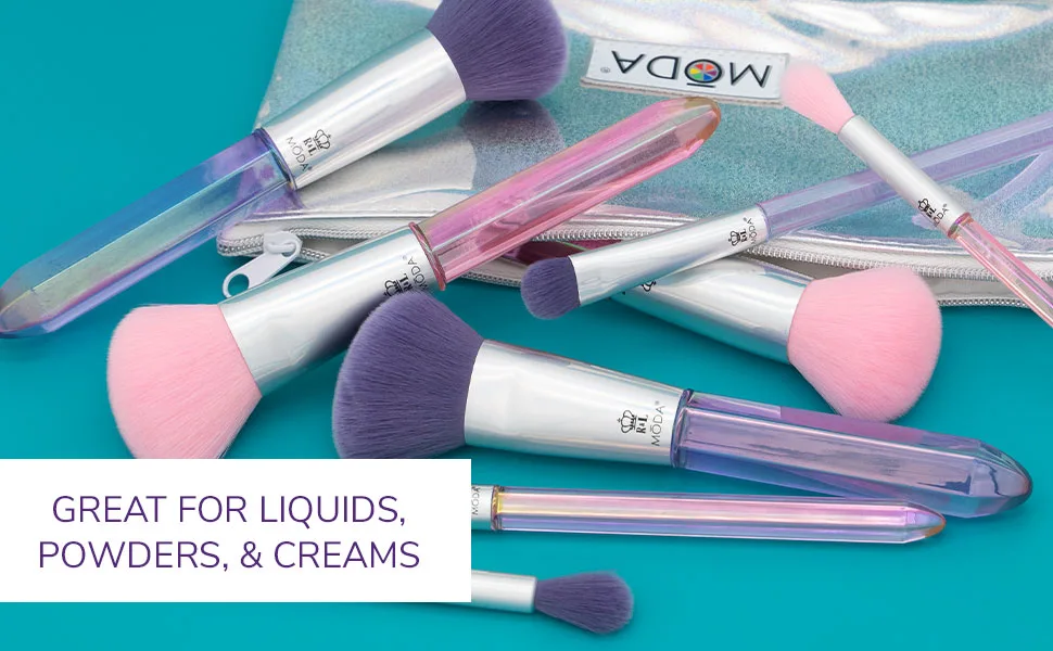 MODA Travel Size Mythical Sweet Siren 6pc Makeup Brush Set with Pouch Includes - Powder Complexion Highlight and Glow Cease and Eye Shader Brushes Multi-Color - MODA Mythical Makeup Brushes