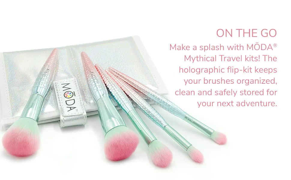 MODA Travel Size Mythical Sweet Siren 6pc Makeup Brush Set with Pouch Includes - Powder Complexion Highlight and Glow Cease and Eye Shader Brushes Multi-Color - MODA Mythical Makeup Brushes