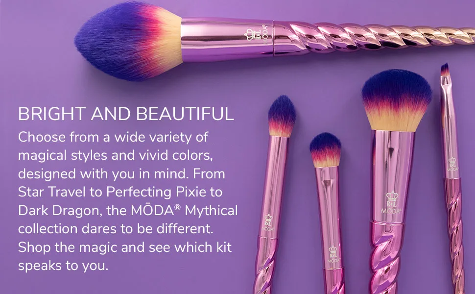 MODA Travel Size Mythical Sweet Siren 6pc Makeup Brush Set with Pouch Includes - Powder Complexion Highlight and Glow Cease and Eye Shader Brushes Multi-Color - MODA Mythical Makeup Brushes
