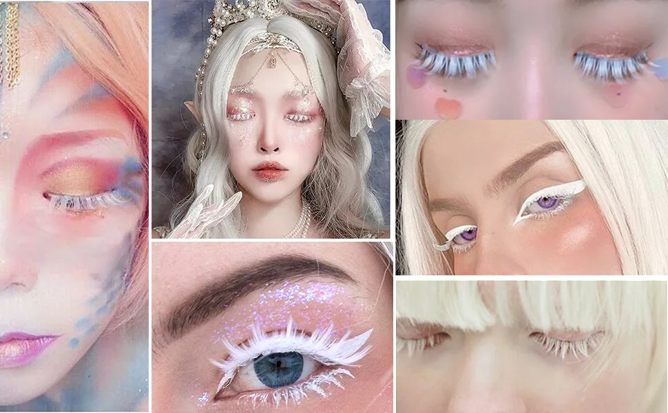 White False Eyelashes Cosplay Halloween White Eye lashes Extension Tools Natural Looking Anime Makeup Masquerade Party Eyelashes (White-3pairs) - product information 2