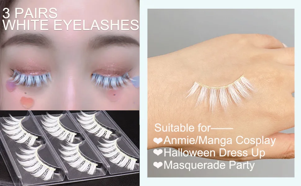 White False Eyelashes Cosplay Halloween White Eye lashes Extension Tools Natural Looking Anime Makeup Masquerade Party Eyelashes (White-3pairs) - product information 3