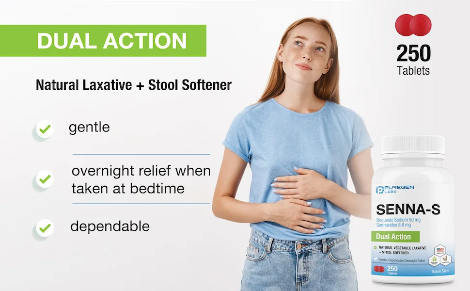 Puregen Labs Senna-S Natural Vegetable Laxative Plus Stool Softener Dual Action - 250 Tablets Senna Plus | Gentle Dependable Overnight Relief of Occasional Constipation 1 - Senna Senna Pus Sennosides 8.6 docusate sodium Senna-s Laxative Stool softener