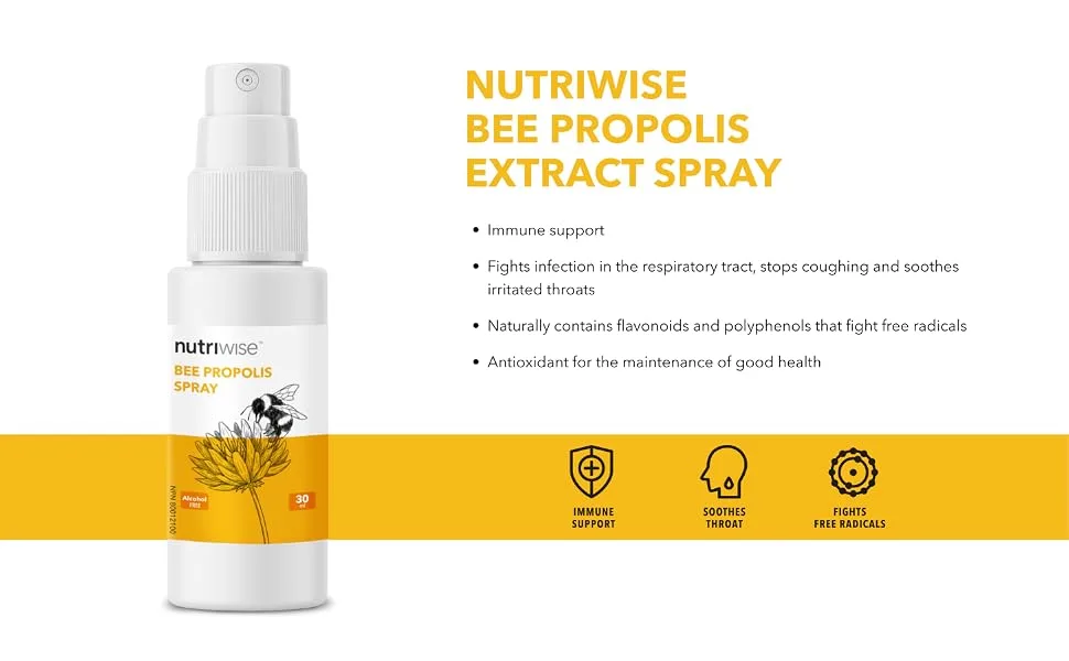 Nutriwise 100% Bee Propolis Extract Liquid Throat Spray Immune Support Alcohol Free (Kids Age 4+ Friendly) - bee propolis alcohol free spray throat flu cold immune bacteria bee keepers