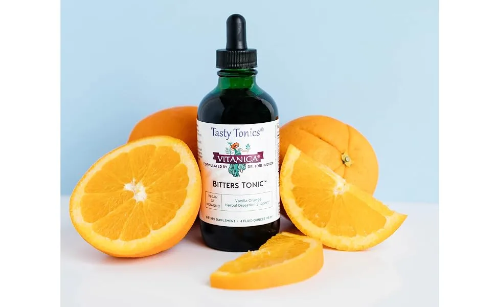 Vitanica Bitters Tonic Liquid Digestion Supplement Digestion Support Alcohol Free Vanilla Orange Vegan 4 Ounce (Bitters Tonic) - Bitters Tonic With Canvas